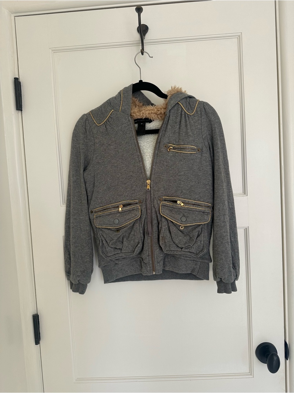 Marc by Marc Jacobs Gray Hooded Bomber Jacket with Gold Trim